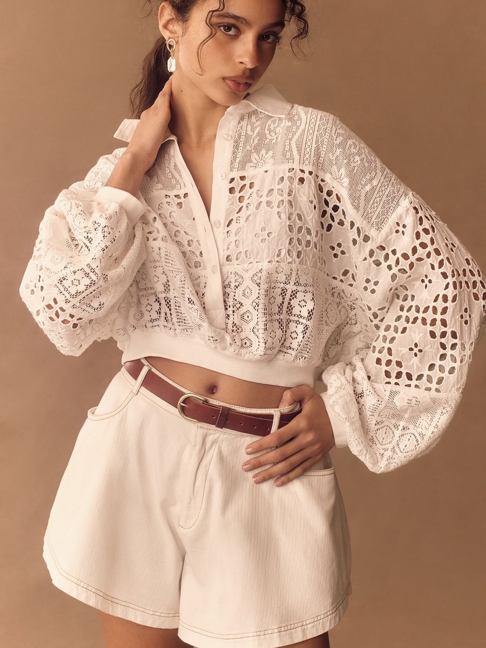 Anthropologie Pilcro Cutwork Bubble-Sleeve Shirt, MED white eyelet top